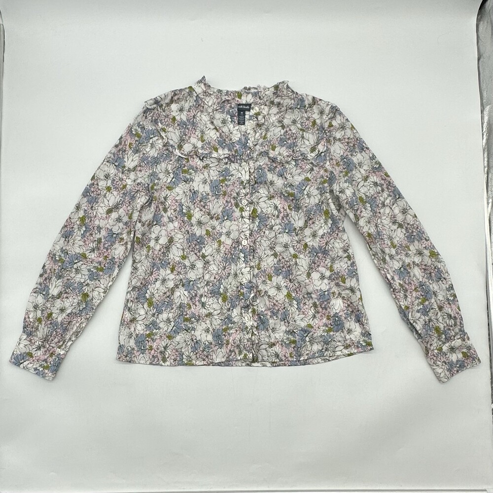 ModCloth Women's Size Medium Pink Floral Print Ruffle Button Down Blouse Top